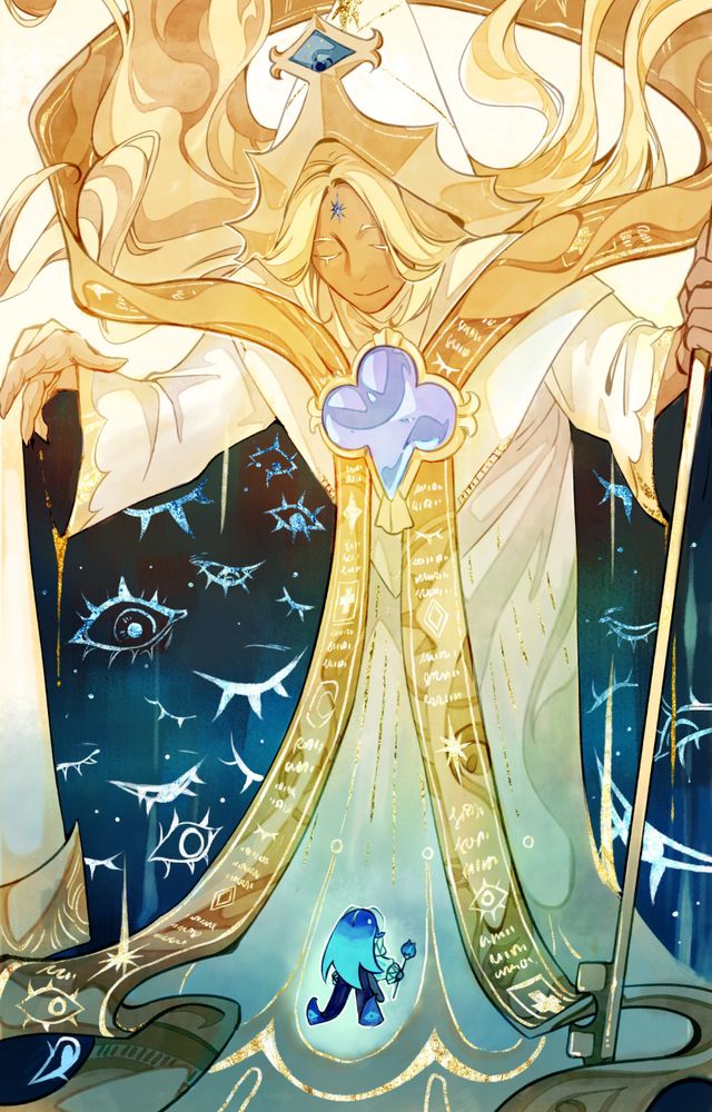 A Pure Vanilla Figure looming over a tiny figure of Shadow Milk Cookie. There are eyes in his cloak staring at Shadow Milk.