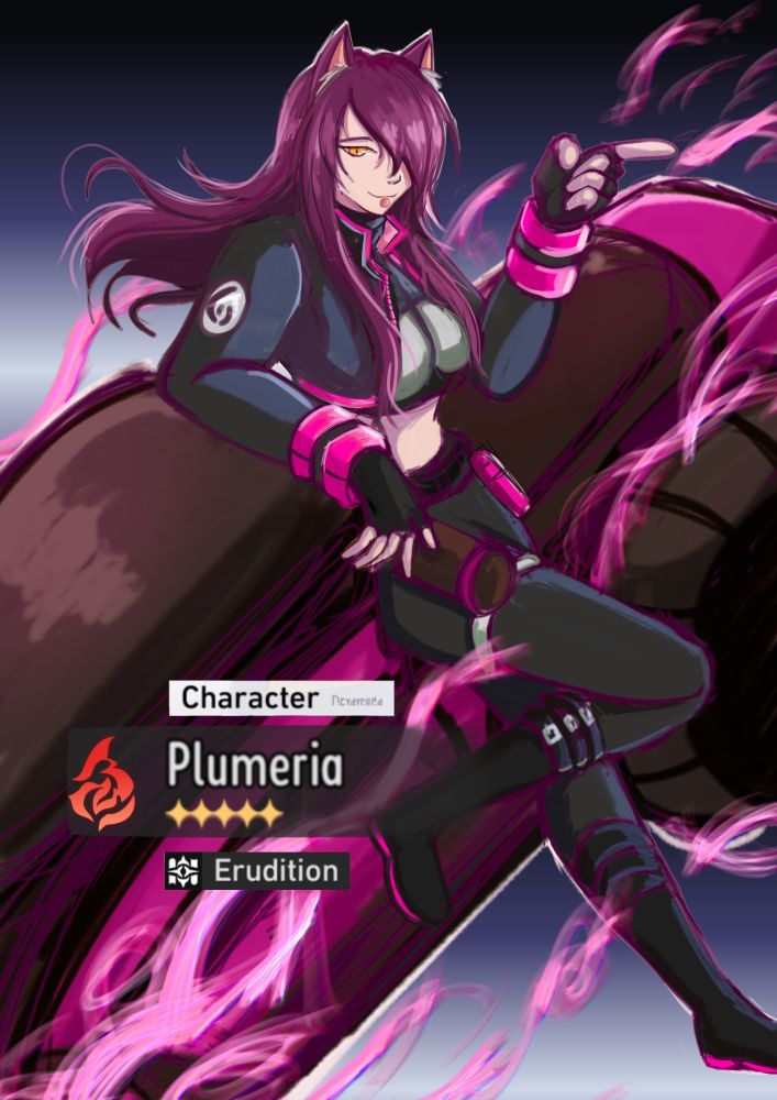 Catgirl with tyrian purple hair leaning on a sci-fi bike surrounded by fire effects.