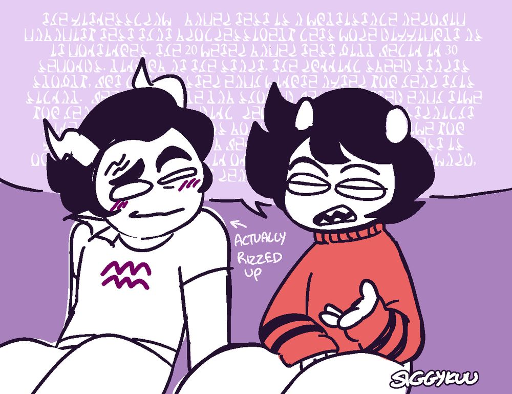 Cronus Ampora and Kankri Vantas sitting next to each other, Cronus getting Rizzed up by Kankri boredly talks to Cronus.

The text is in Alternian and the text is the Fitness Gram Pacer Test 