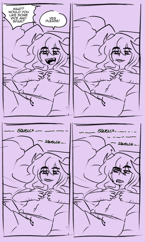 A comic of a Demon laying on a couch with his phone propped up by his leg is asked if he would like some spam and he says yes please.

after a moment, squelching noises were being heard which got the demon concerned on what it is.