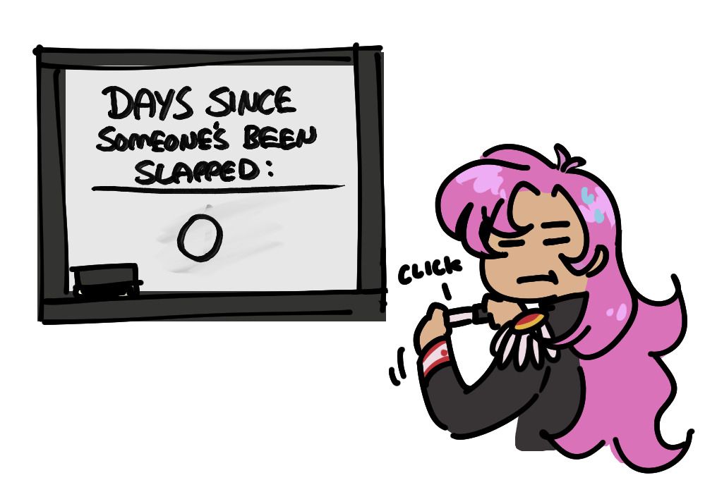 Utena from Revolutionary Girl Utena looking at everyone and clicking a cap back on a marker. the marker board says 'days since someone's been slapped: O' after a 1 was erased