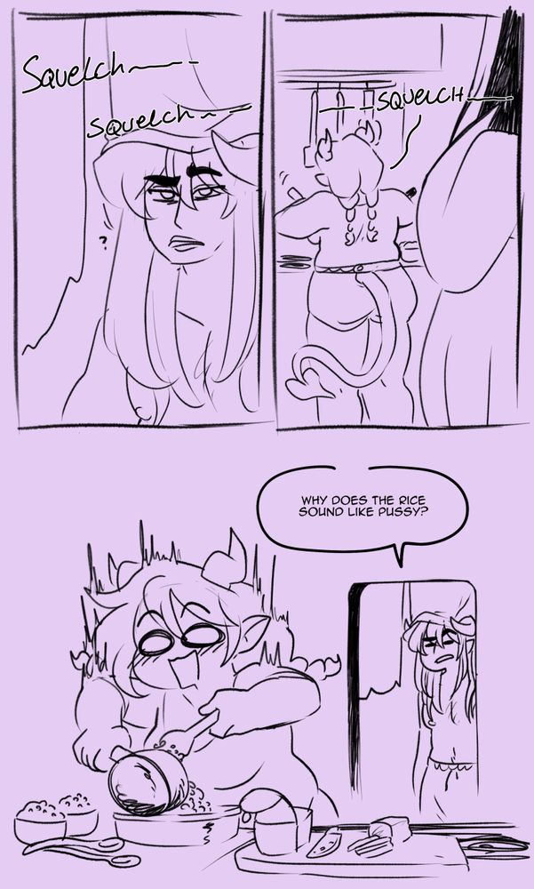 the demon looks towards the squelching noises and finds another demon (the one who asked him if he wanted food) and asks her why the rice sounds like pussy, surprising the other demon.