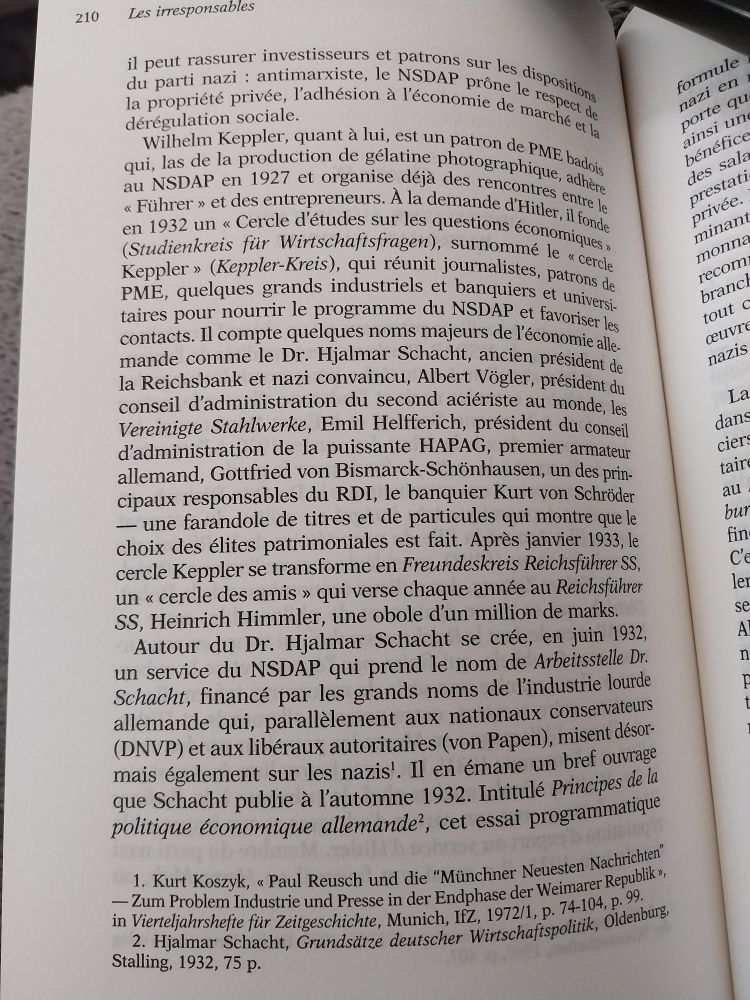 Extrait du livre de Johann Chapoutot "Les irresponsables", où il est question de la collaboration entre fascisme (na*is) et capital dans les années 30 en Allemagne.