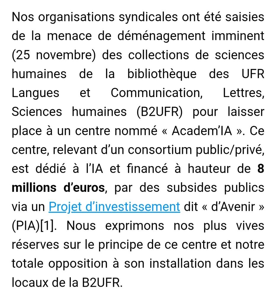 Extrait de mail du syndicat qui s'oppose à la mise en place d'un centre dédié à l'IA à la place d'une bibliothèque universitaire 