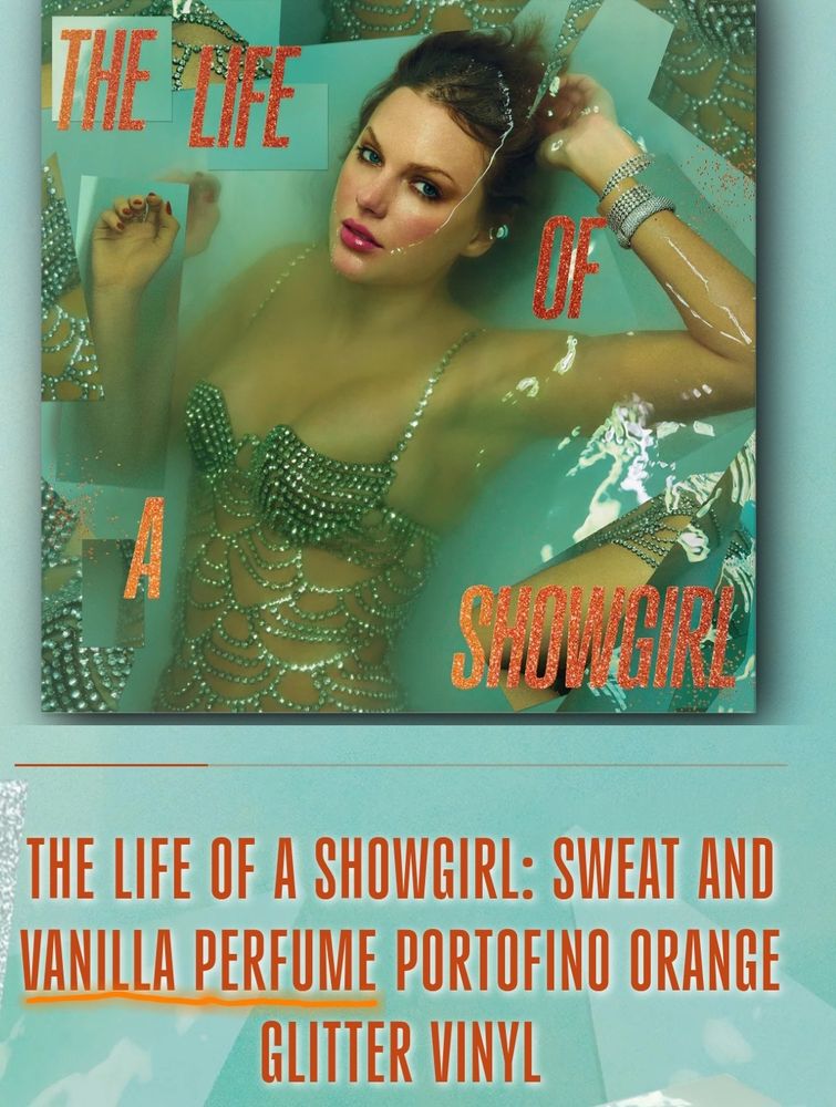 A picture of Taylor Swifts Album The Life of a Showgirl on her store showing the name of the variant as "Sweat and Vanilla Perfume" 