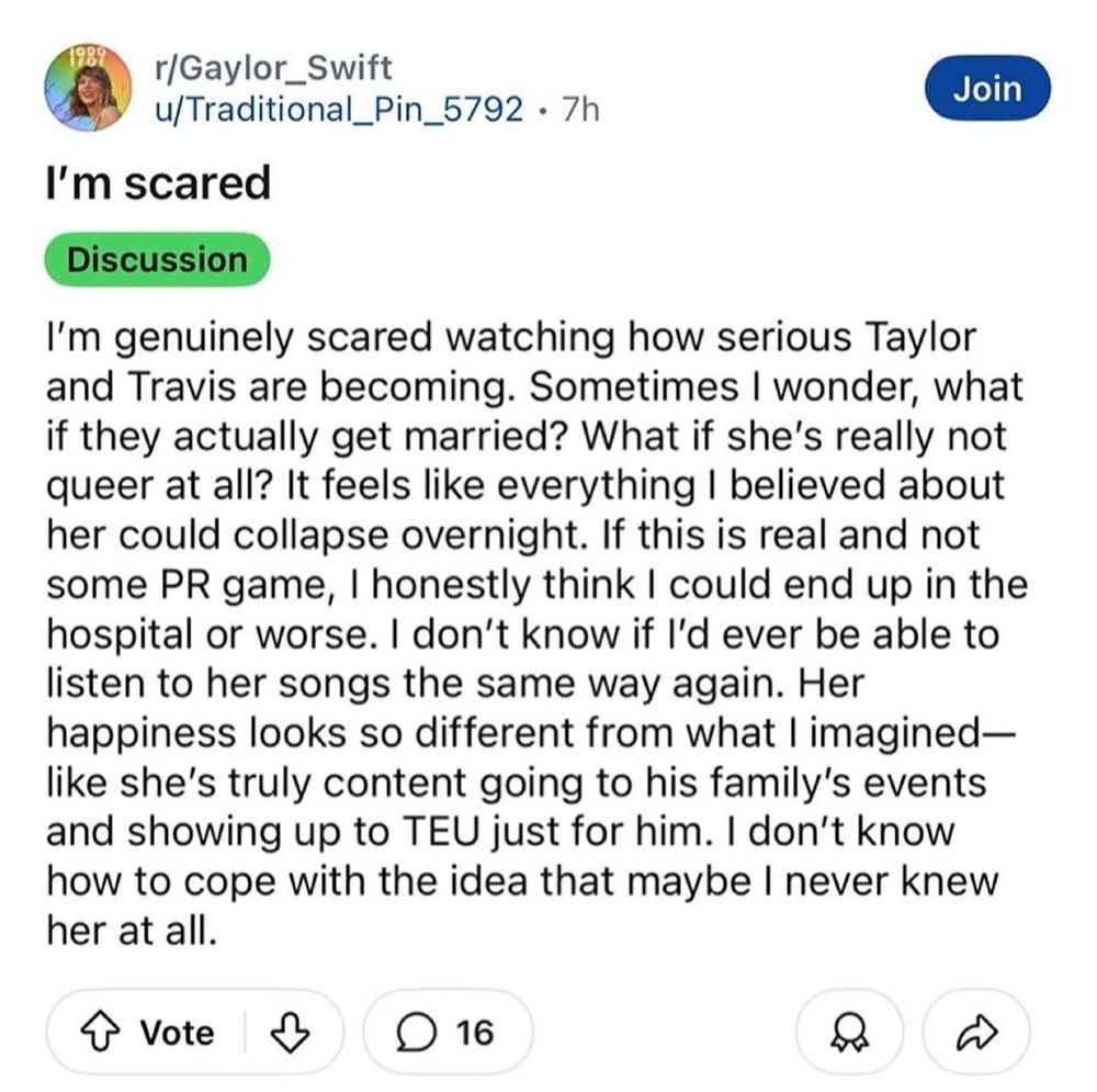 A screenshot of a post made on the Gaylor Subreddit expressing doubt over their belief that Taylor is gay due to her happiness with Travis