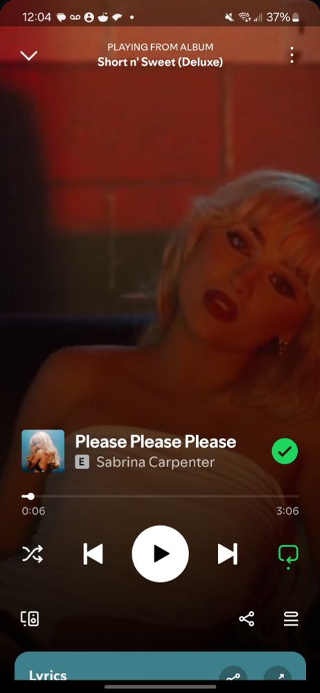 A picture of the original version of the song Please Please Please by Sabrina Carpenter being played with an "E" next to it as a way to warm that it has explicit lyrics