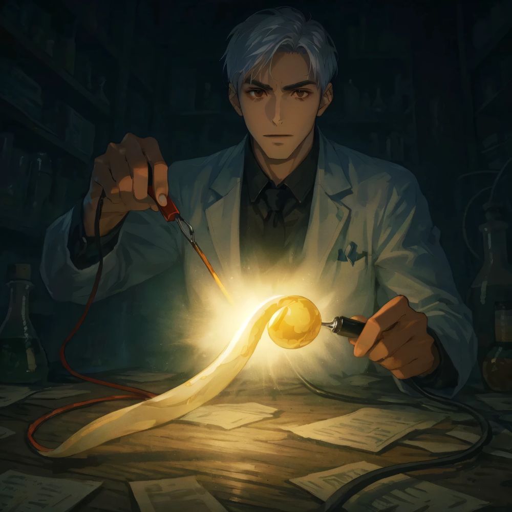 真夜中の研究室。
薄暗い照明の下、雑然と積まれた書類、絡まる配線、そして中央に横たわる一本の豆もやし。
両端にクリップが接続され、じりじりと通電する中、もやしは淡く光を放っている。

きっかけは、冷蔵庫の奥で朽ちた一本のもやしだった。
見失ったことを、彼はいまだに忘れていない。
「もう二度と、見失いたくない」
その執念が、この光を生んだ。

白衣の男は静かにもやしを見つめ、言葉を落とす。
「君は、もやしを光らせたことがあるか？」
一瞬の沈黙。
「……俺はある。」