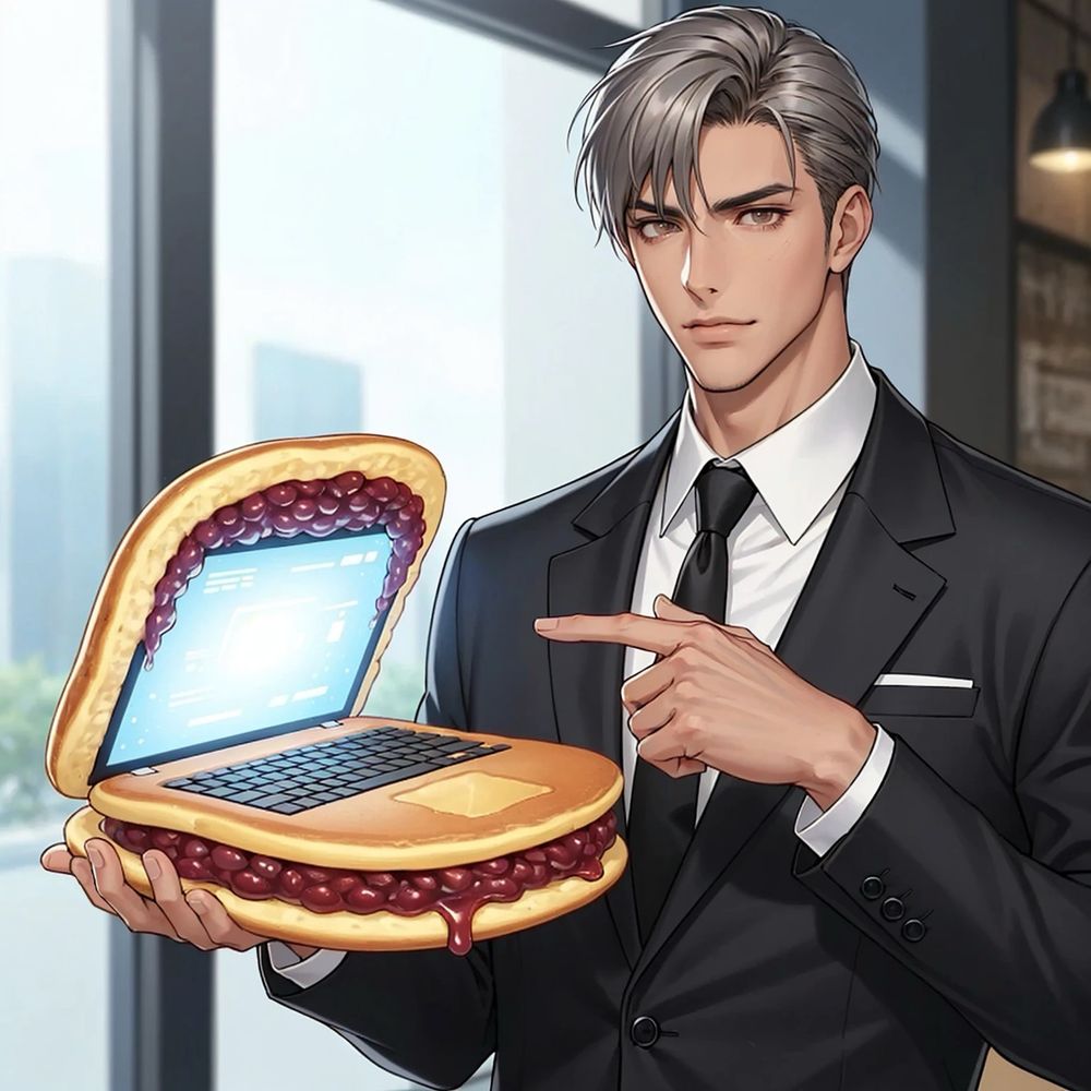 スタイリッシュな男性が最新型のノートパソコンをこちらに向けて説明している。  
ただしその本体はどら焼きで構成されており、上下を成すのは小麦粉・卵・砂糖に加え、蜂蜜やみりん、そして少量の醤油で風味と焼き色を調えた生地である。  
そのふんわり焼かれた二枚の皮の間には、光沢のある粒あんがぎっしりと挟み込まれている。  
画面にはOSらしきインターフェイスが点灯し、まるで本当に稼働しているかのように見える。  
新たな情報化社会の扉が、和菓子によって開かれようとしている瞬間である。