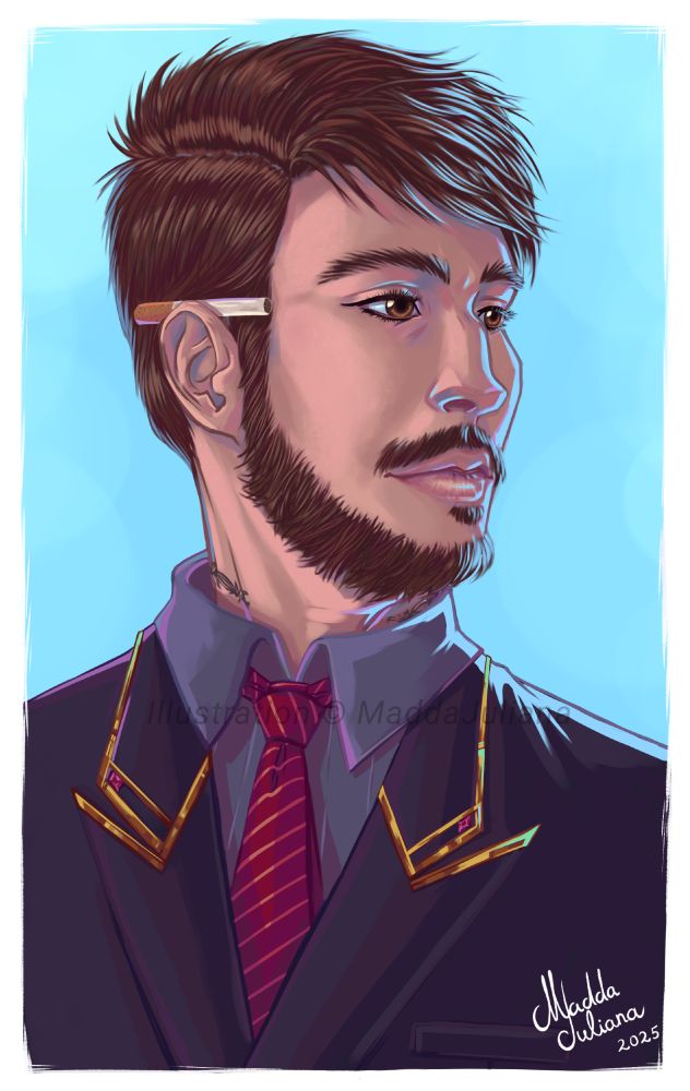 Portrait of a brown haired, young man with a beard wearing a dark purplish gray suit with golden trimmings and a red striped necktie. He has a cigarette behind his ear. 