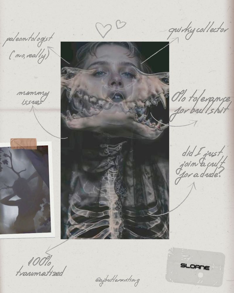 Trope map for the character Sloane with listings like: “paleontologist (no, really)”, “quirky collector”, “mommy issues”, “did I just join a cult for a dude?”, “0% tolerance for bullshit” and “100% traumatized”