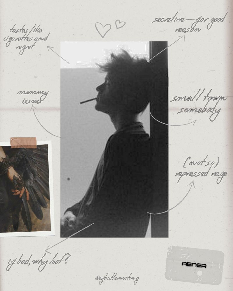 Character trope map for the character Abner with listings like: “tastes like cigarettes and regret”, “secretive for good reason”, “mommy issues”, “small town somebody”, “(not so) repressed rage”, and “if bad, why hot?”