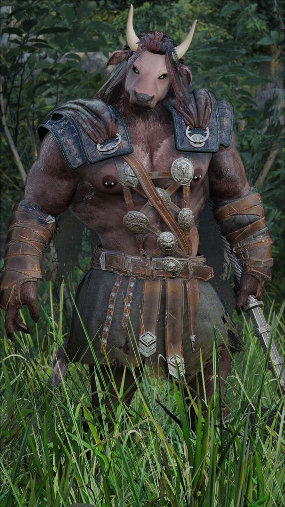 Modded Skyrim Special Edition Screenshot of a muscular brown-red minotaur male with green eyes and kept hair, clad in brutish armor staring at the viewer.