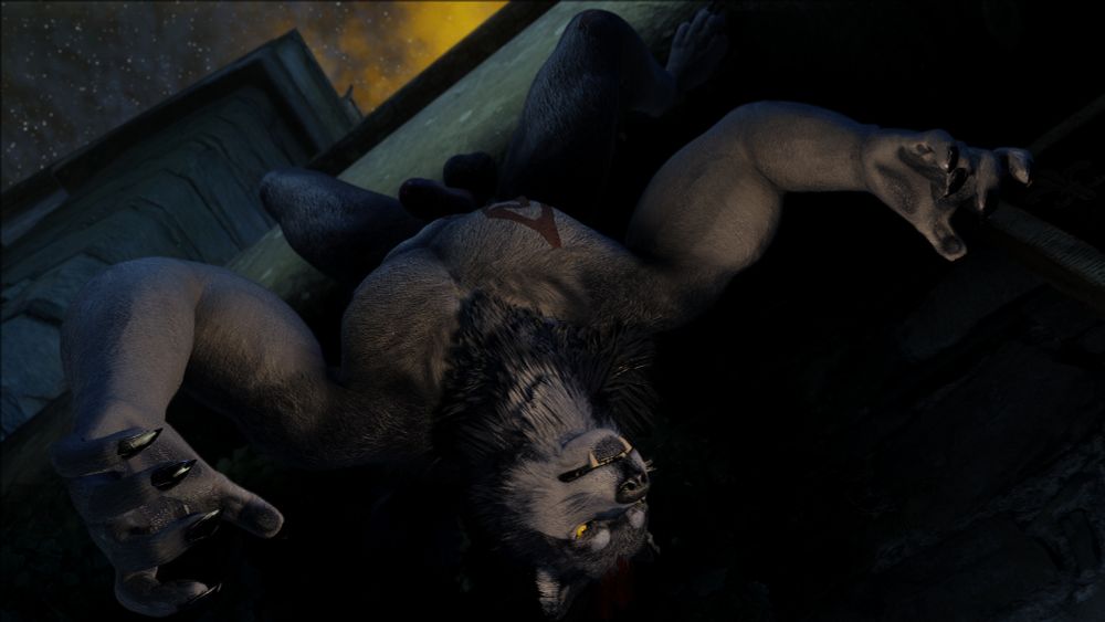 Modded Skyrim Special Edition screenshot of a muscular wolf Lykaios character, posing in various battle-ready poses at night naked with his dong in full view.