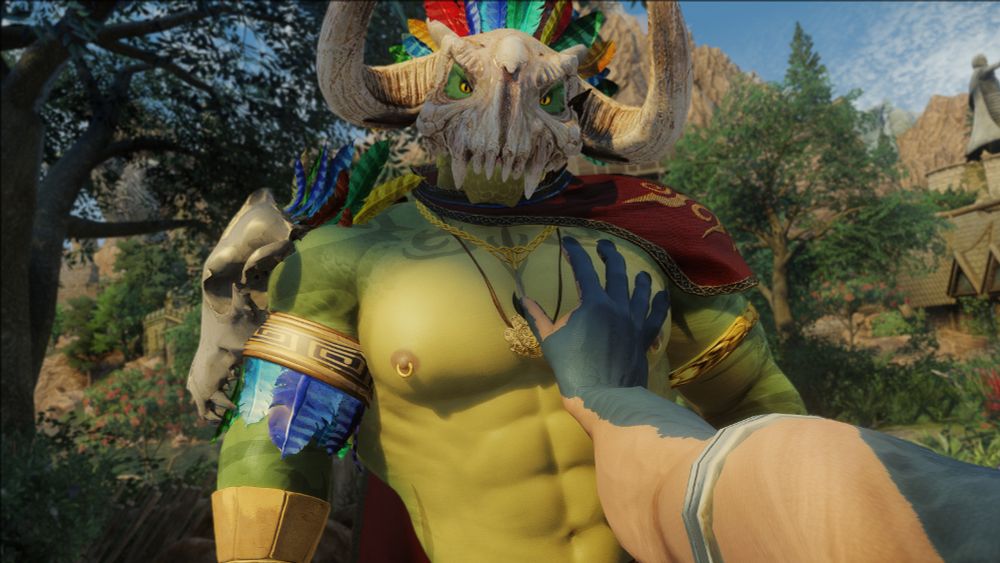 Modded Skyrim Special Edition screenshot of the pec grab meme with a muscular Witch Doctor Argonian and his blue horned Argonian friend. POV First Person