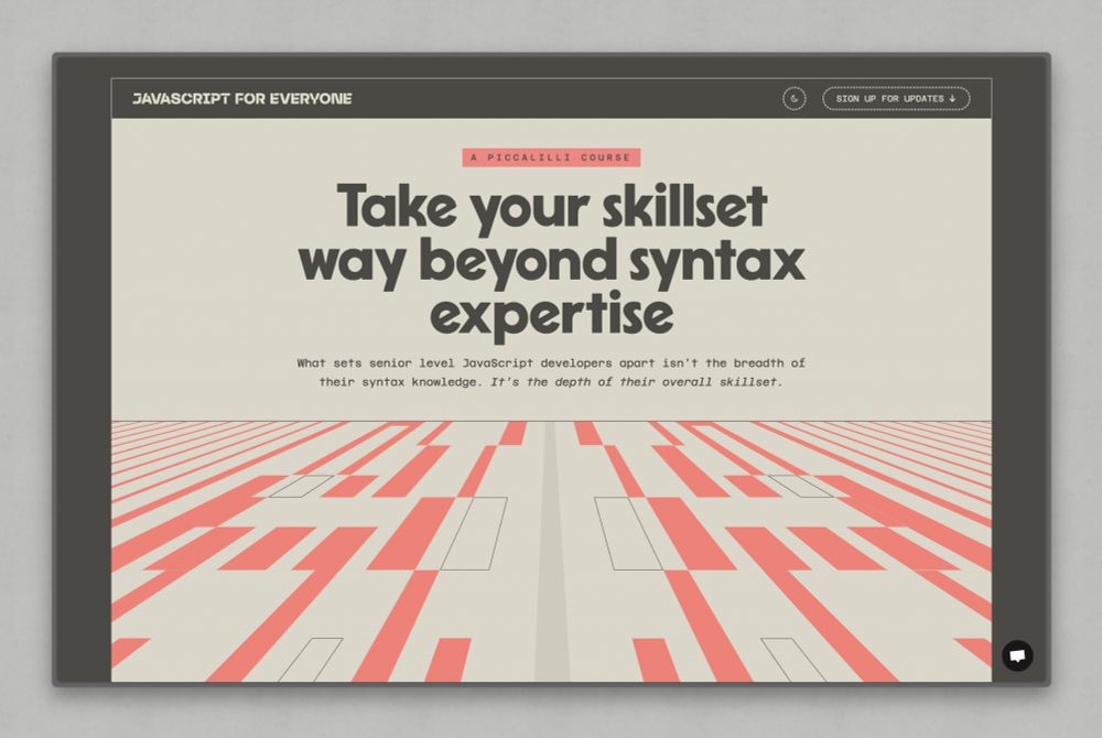 Hero section of the JavaScript for Everyone course landing page featuring the headline ‘Take your skillset way beyond syntax expertise’ in a bold display font. Below it is a subheading describing the importance of overall developer skillset. The page has a red and cream retro-styled visual background resembling circuit lines, with dark mode UI elements