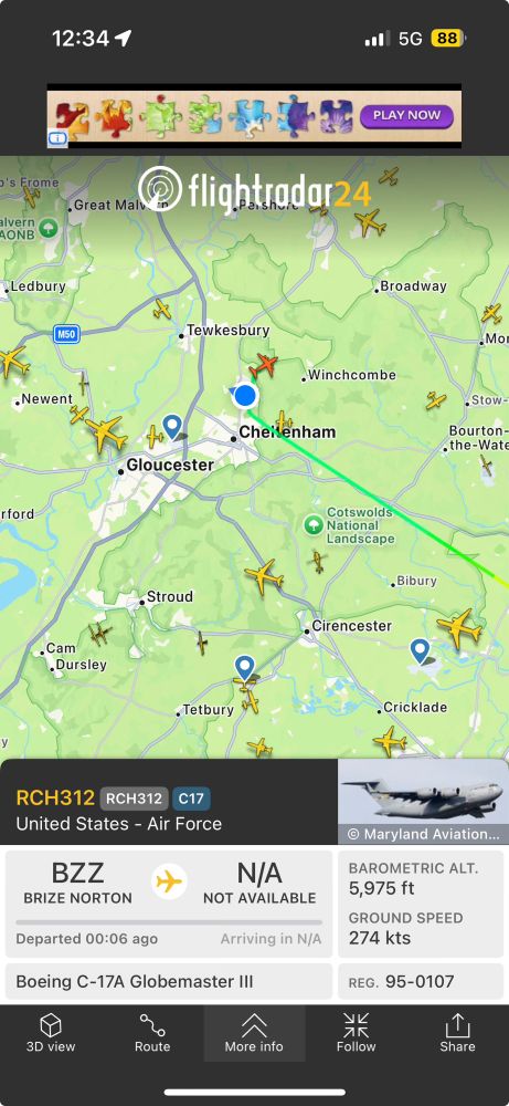 Flight radar showing a US airforce globemaster near Cheltenham in the UK