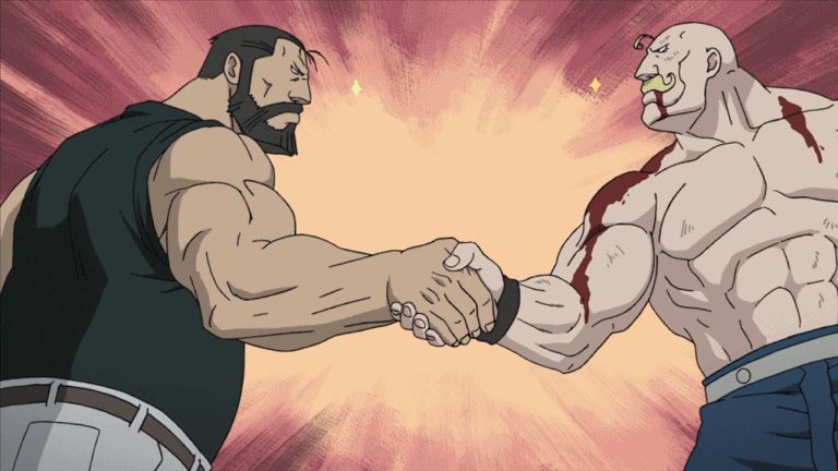Two anime style cartoon dudes that are fuckin' massive, muscular monsters, shaking hands