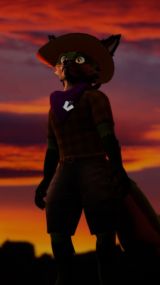 A green and white anthropomorphic fox wearing an orange wide-brimmed hat, purple bandana around neck, yellow plaid shirt and jean shorts stands looking off into the distance dimly illuminated by the orange and purple cloudy sunset backdrop. Photo from A Whole Lotta Lights VRChat world by ABANDONEDACC.
