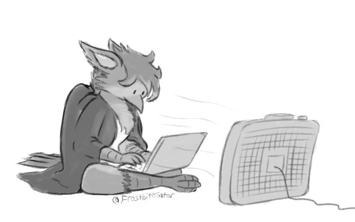 An anthro magpie griffon sits on the floor with a laptop on lap and blanket covering shoulders and wings with a box fan directly in front blowing air directly at them.
