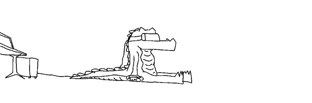 A mouse scribble of an anthro alligator sitting on the floor with a VR headset on his face tethered to an adjacent computer and a controller on his hand.