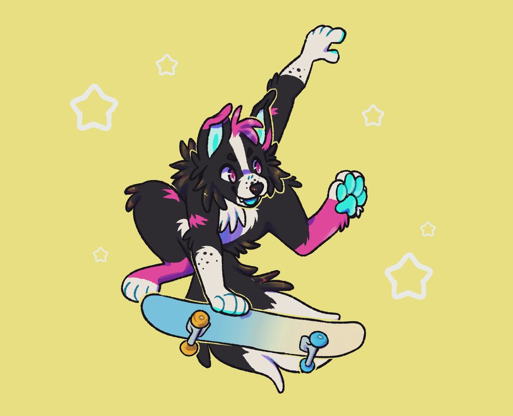 digital chibi illustration of Stamps the border collie doing a cool skateboard trick