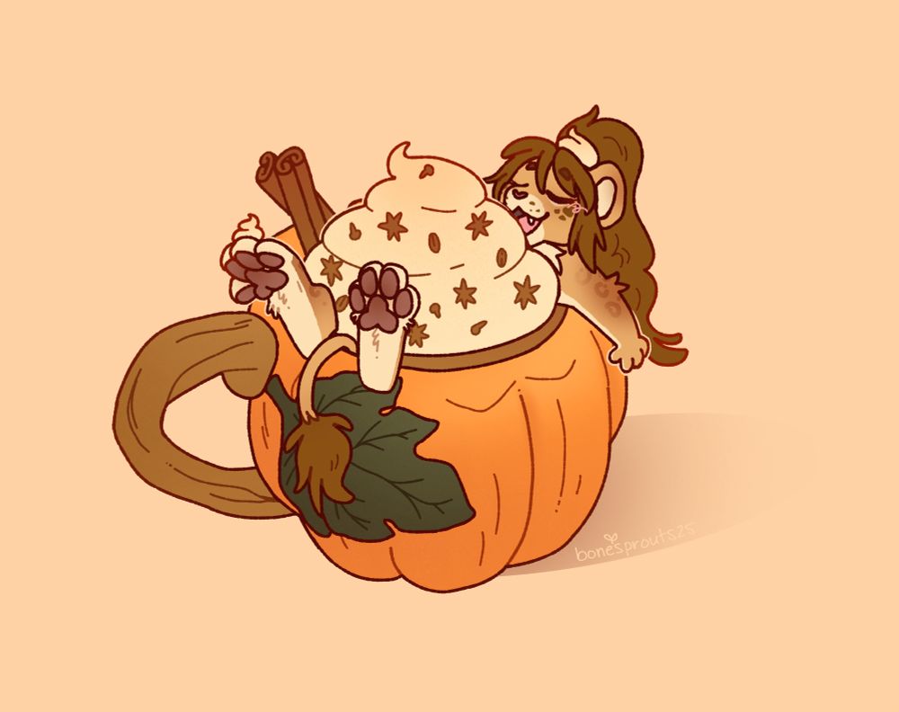 digital art ych of a micro chibi lionness contentedly sitting in a pumpkin-shaped mug full of pumpkin spice latte