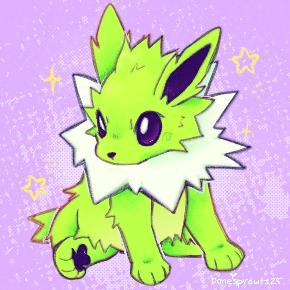 digital illustration of a chibi/baby shiny Jolteon, sitting with one foot kicked out under.