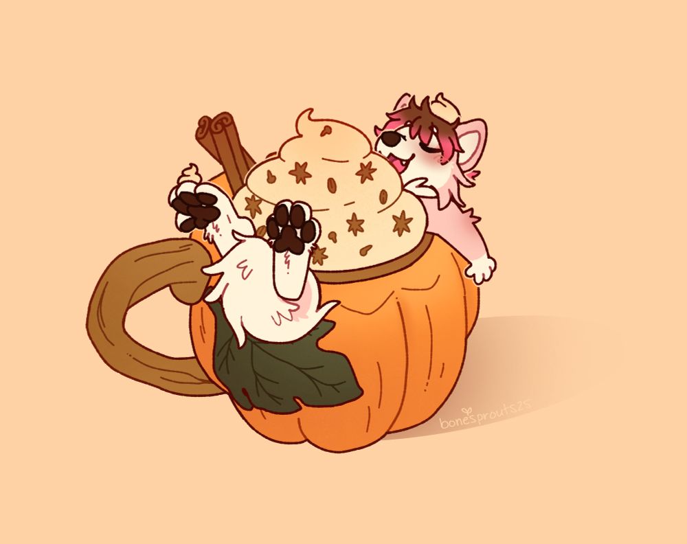 digital art ych of a micro chibi akita dog contentedly sitting in a pumpkin-shaped mug full of pumpkin spice latte