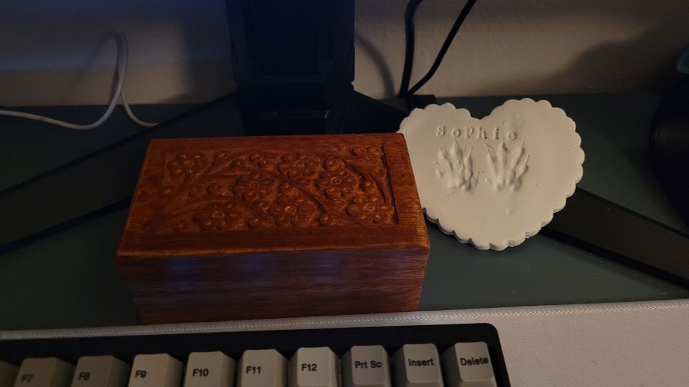 photo of a memorial box + pawprints