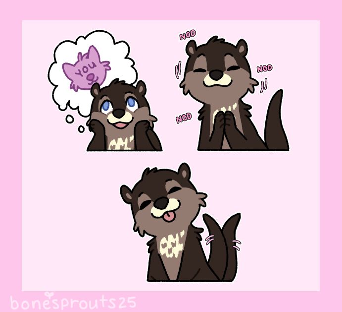 digital art of an anthro otter character, Cal. there are three stickers. the first is of Cal with a thought bubble and a silhouette with the word "you" in it, the second is of Cal nodding, and the third is of Cal wagging his tail.