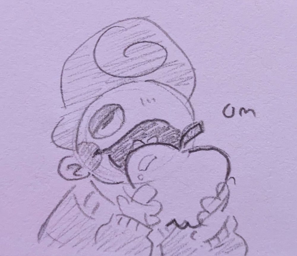 A sketch of Wally Darling about to bite into an apple the size of his head.