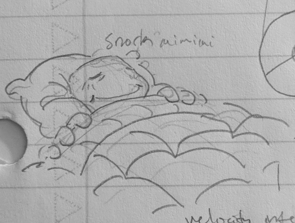 A sketch of Doey tucked in snugly under a quilt.