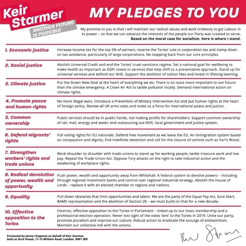 Ten pledges issued by Starmer when standing for leader, includes public ownership of mail, water abolish the house of Lords defending migrants etc.