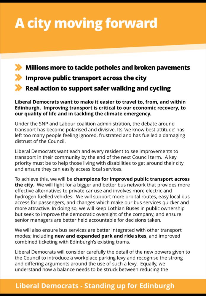 Liberal Manifesto 2022 for Edinburgh stating , real action to support safer walking and cycling