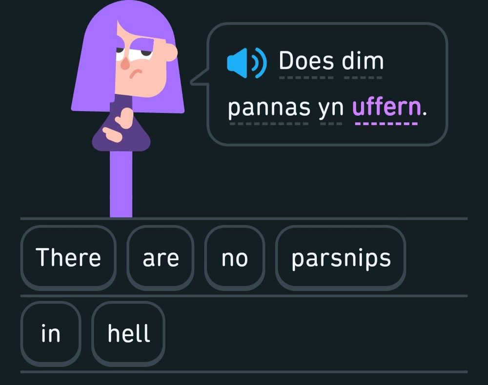 Screenshot from Duolingo showing a Welsh sentence, with English translation "There are no parsnips in hell"