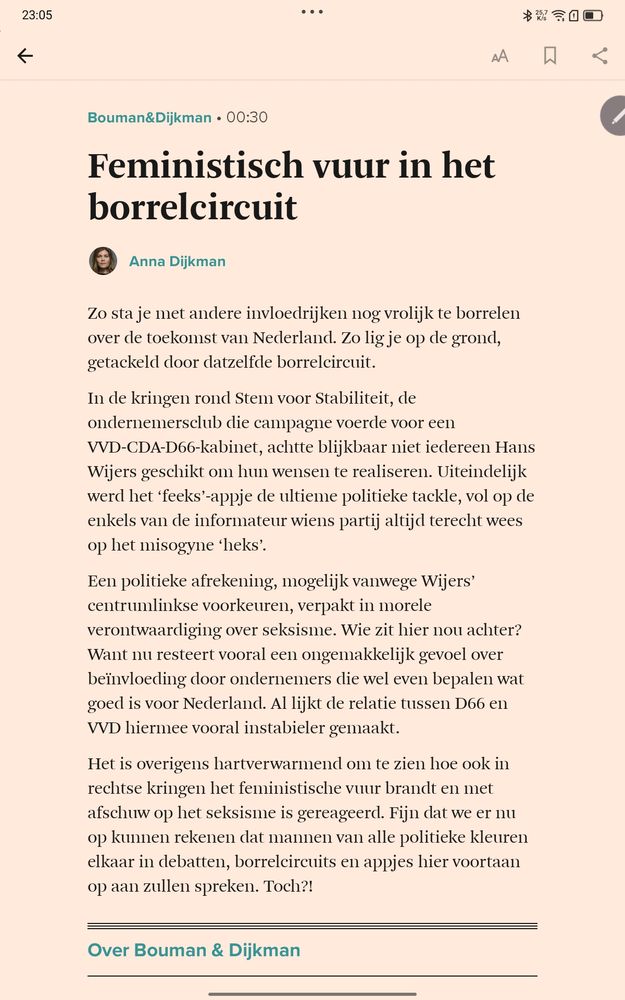 Een column uit het FD van dinsdag 18 november 2025 over de gespeelde verontwaardiging over het 'feeks' door Wijers.