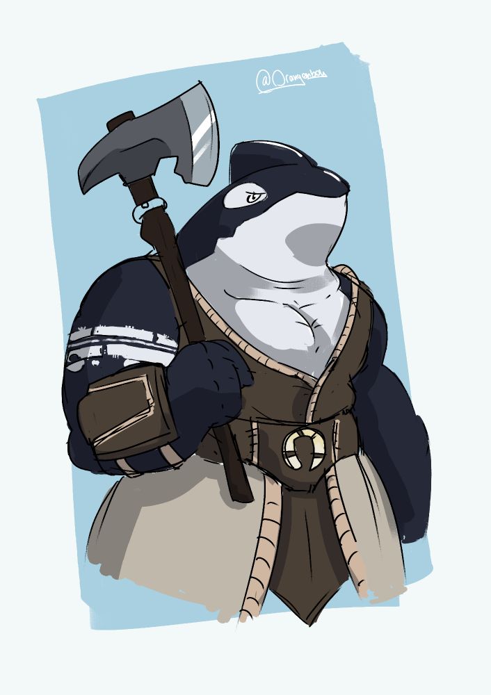 A FEMALE Awakened Animal (Orca) Barbarian, with a homebrewed Instinct. She wields a boarding axe like my other barbarian, but it's not a reskinned greataxe. She has a classic white underbelly and white around her eyes, with a white tattoo across her upper right arm. The rest of her skin is a jet black. She wears simple brown light clothing.