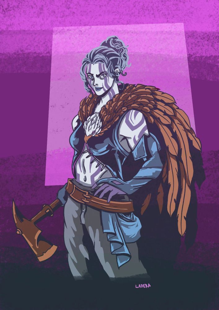 A Goliath Barbarian, Way of the Beast. Her skin is silver with dark grey tattoos across her body, and her hair is black, put into a messy bun. She wears a breathable outfit for seafaring, as well as a cloak made of a giant eagle (supposed to be an owl bear) she hunted herself. In her right hand is a boarding axe (reflavored from a greataxe).