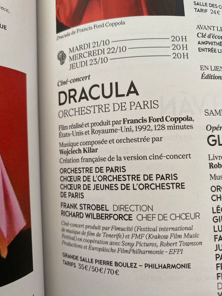 L’annonce dans le catalogue de la Philharmonie de Paris d’un ciné concert Dracula de Coppola les 21 22 et 23 octobre 