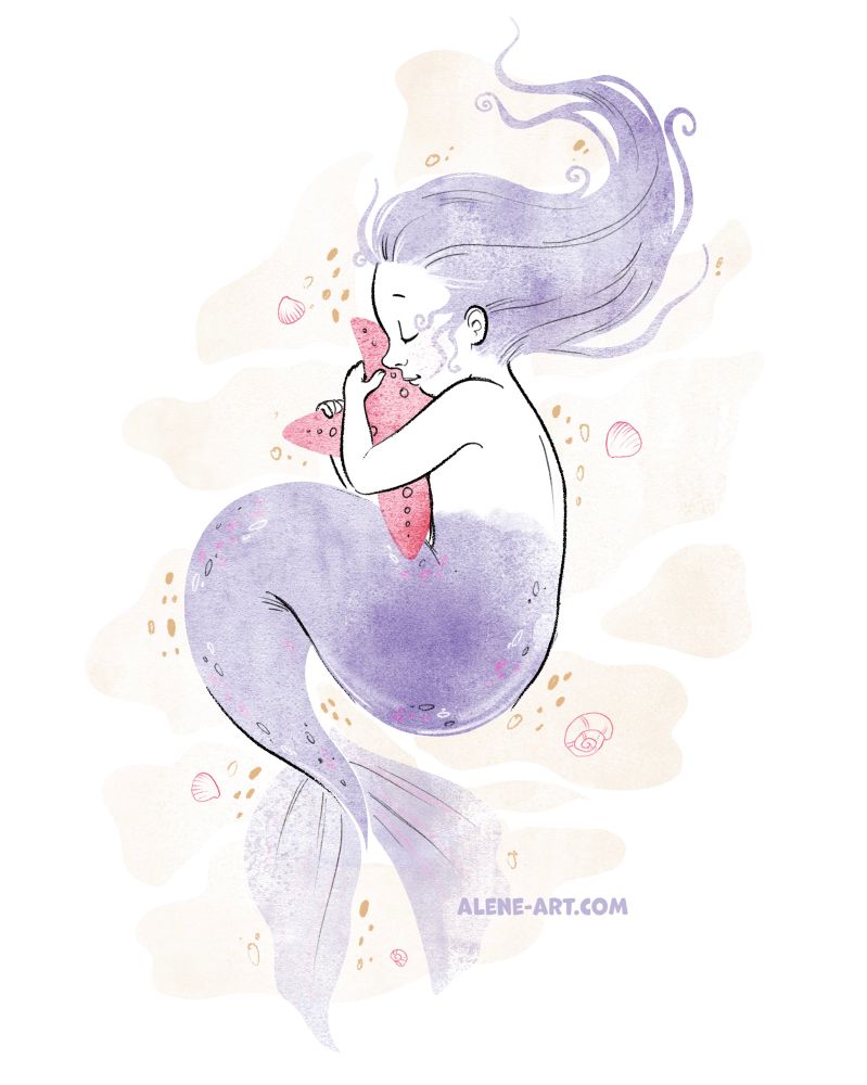 A limited palette children’s book illustration of a young mermaid with purple tail and hair, curled up sleeping and hugging a large pink starfish, seen from above. 
