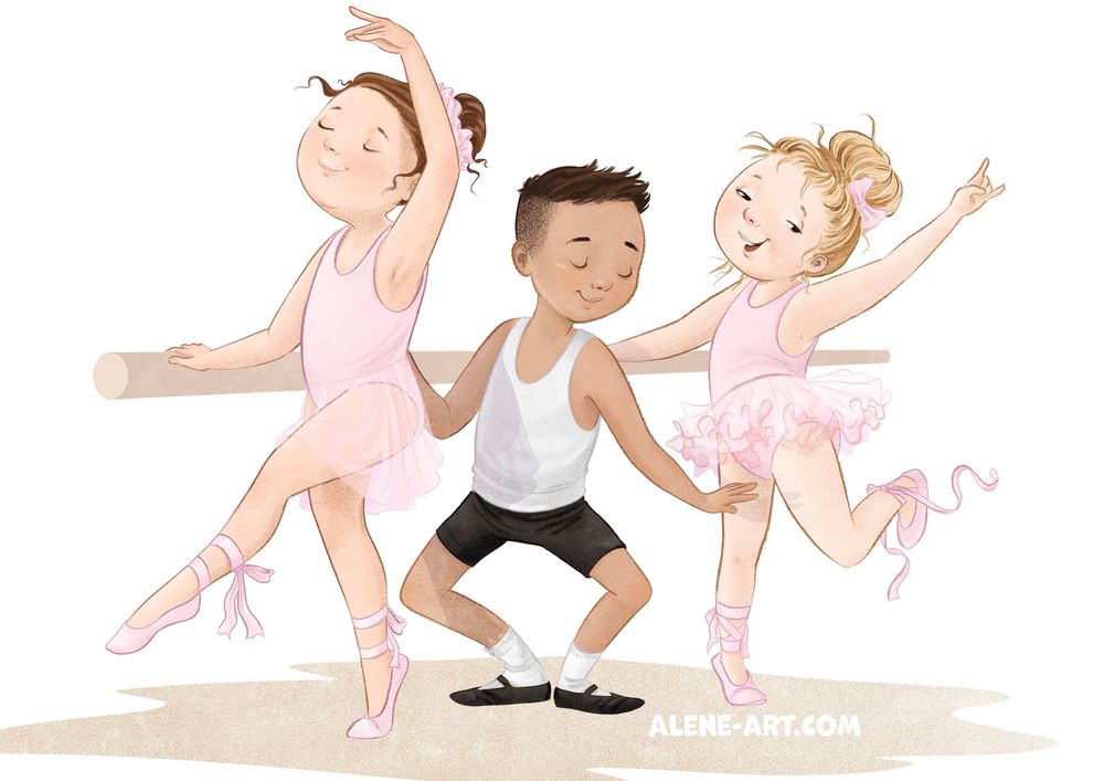 A children’s picture book illustration of two little girls in pink ballet practice dress, and a little boy in black shorts and white singlet, practicing ballet at a barre. 