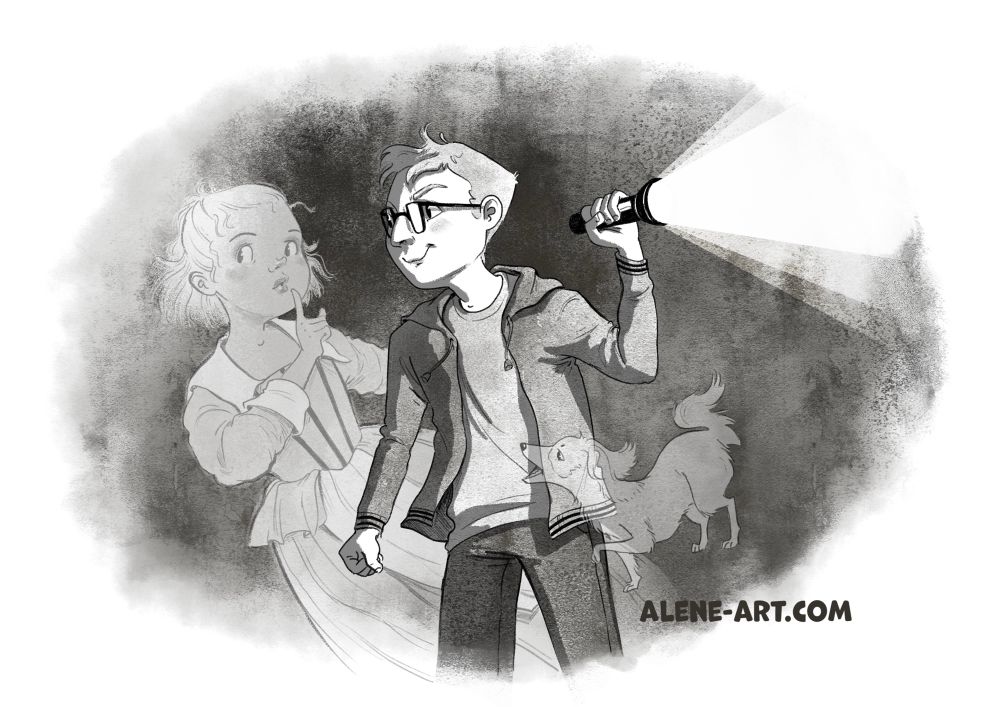 A black and while middle grade novel illustration of a boy holding a torch in the dark, while a small girl ghost of the 17th century and a ghost dog flit about him. 