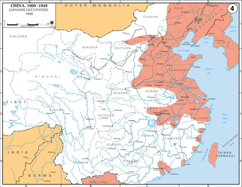 Map: CHINA (1900-1949) - Japanese Occupation in 1940. Territory of China that was occupied by Japanese forces is marked in red. After the beginning of the full-scale invasion of China in 1937, Japanese forces had swept down from occupied northeast China, often referred to as Manchuria. Much of northern China was occupied, with all of Shandong and Jiangsu provinces being occupied and large parts of other provinces being occupied - including but not limited to Shainxi, Henan and Hubei. Meanwhile, various coastal cities had also been occupied by this point, following amphibious landings from Taiwan - then a Japanese colony.