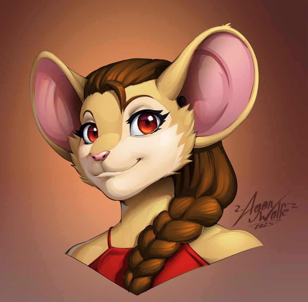 Illustration: A brown field mouse woman with dark brown hair and bright brown eyes. She is wearing a red halter top and a has her hair tied into a long braid. She is smiling to the viewer. Illustrated by @agonwolfe.bsky.social 