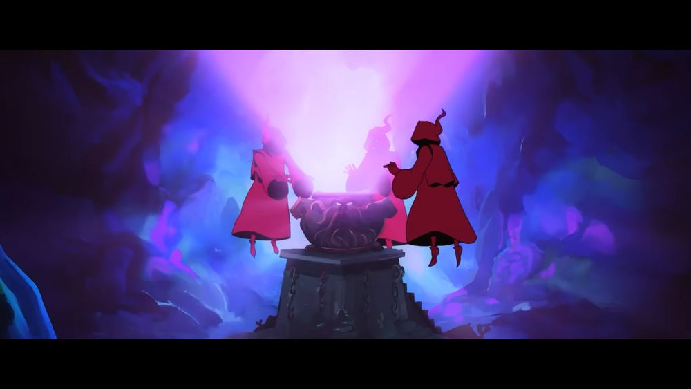 Screenshot: A trio of mystics focus luminescent magical light into a cauldron etched in a style similar to the Black Cauldron from titular 1980s Disney film