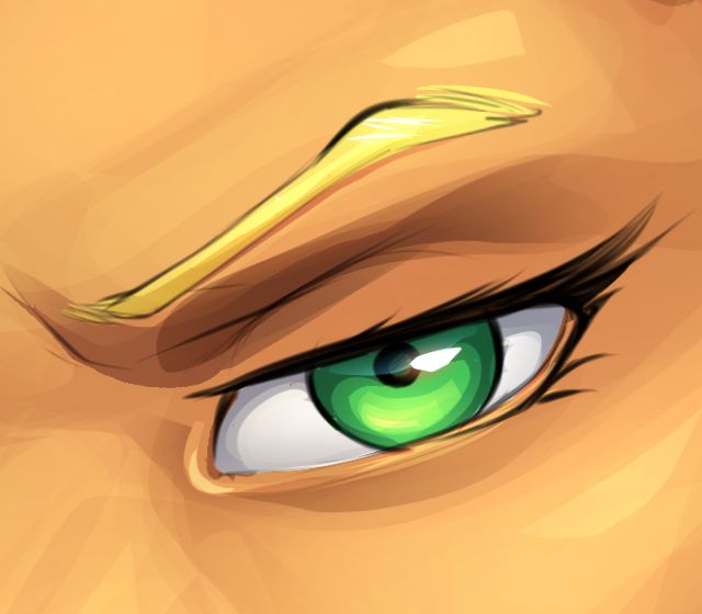 Illustration: A chestnut colored face with a bright green eye and a furrowed blond eyebrow. Illustrated by @agonwolfe.bsky.social