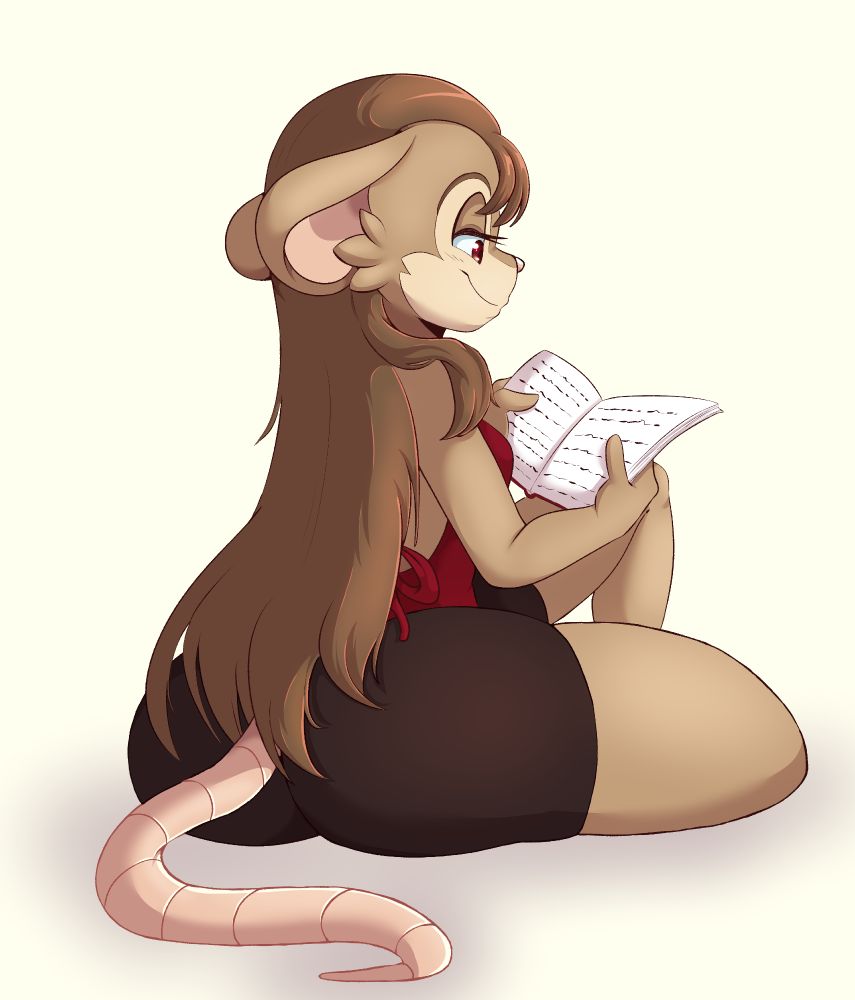 Illustration: A brown field mouse woman with dark brown hair and brown eyes sits while reading a book. She is wearing a red halter top and black shorts. Illustrated by @mukitsune.bsky.social