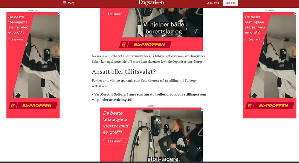 Skjermbilde fra Dagsavisen hvor 90% av nyhetssiden er en animert annonse fra El-Proffen.