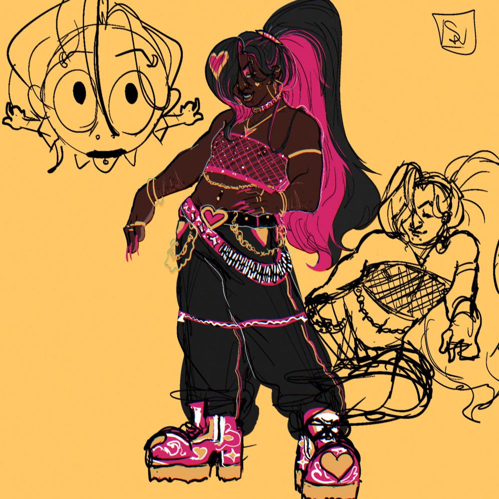 My oc Thanatos (any pronouns) wearing a sparkly pink mesh top and baggy  pants with zippers at the knees and pink and gold accents. She has on a black belt with a pink and gold heart, and another belt thats pink with a string of bullets covering one side.

Her hair is black with a pink undercolor and a pink and gold heart on the bang over her eye.

Her shoes are pink and chunky, with gold and white accents.

The sketch to her right is her resting on her elbow while the doodle to the left is just a top down view of her sticking her tongue out.